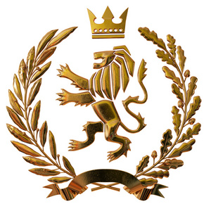 3d 例证纹章, 徽章。金橄榄枝, 橡木枝, 皇冠, 盾牌, 狮子。孤立.3d 建模
