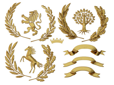 3d 插图, 3d 渲染, 纹章。一组对象。金橄榄枝, 橡木枝, 冠, 狮子, 马, 树。孤立.3d 建模