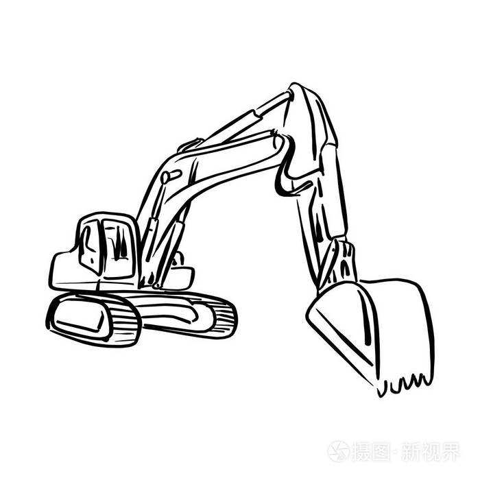 涂鸦轮廓前锄头装载机挖掘机矢量插图素描手画与黑色线隔离在白色背景