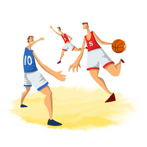 篮球运动员以抽象的扁平风格。男人在玩篮球球。在白色背景上隔离的矢量插图
