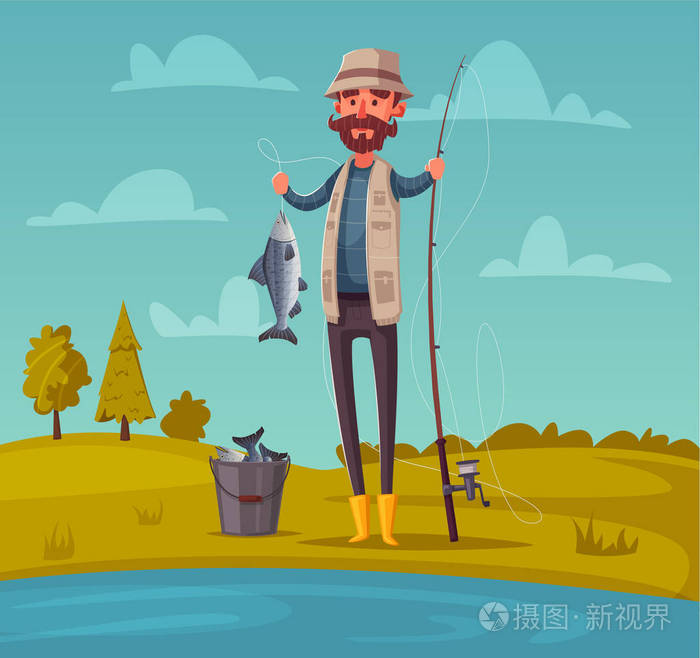 钓鱼竿渔夫.卡通矢量插画