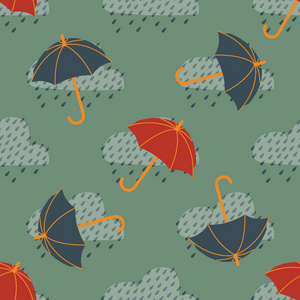 带橡胶靴云彩和雨伞的矢量无缝秋季图案