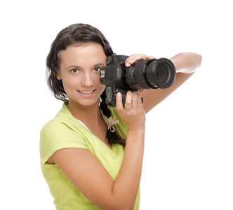 美丽的年轻女子，与 camera.isolated 在白色背景上