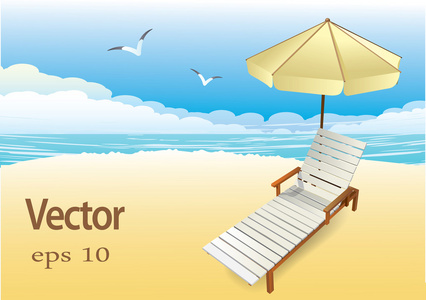 用一把雨伞在海滩上海滩躺椅