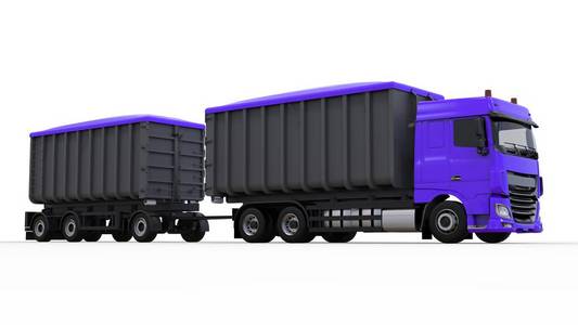 大型紫色卡车与单独拖车, 用于运输农业和建筑散装材料和产品。3d 渲染