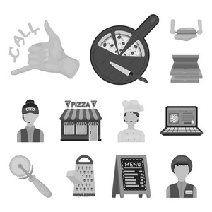 比萨饼和比萨店的黑白图标集合中的设计。员工和设备矢量符号库存 web 插图
