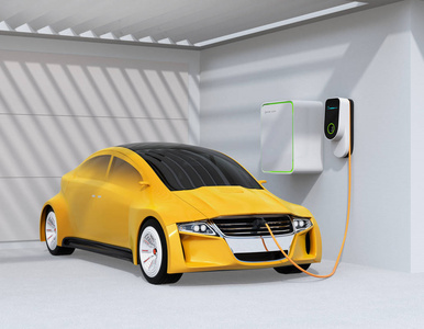 黄色电动汽车在车库充电。3d 渲染图像