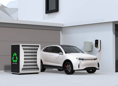 电动汽车在车库充电。充电站由重复使用的 Ev 电池供电。3d 渲染图像