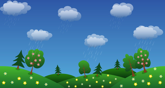 雨的天空背景与绿草和鲜花矢量图