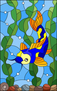 水藻类气泡背景下亮斑鱼彩色玻璃风格插图
