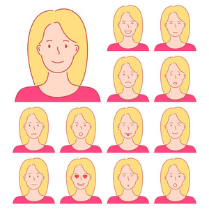一组独立的女性头像表达式。金发女子的不同情绪。手绘风格涂鸦设计插图