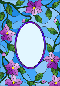 彩色玻璃风格插图在蓝色的天空背景下, 开花树的树枝和紫色的花朵和中间的框架