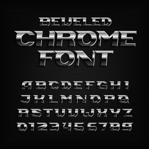 Chrome 效果字母表字体。钢斜字母和数字。设计的股票矢量排版