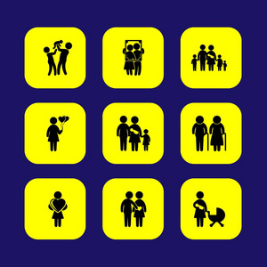 人向量图标集合。孩子, 妈妈, 大家庭和母亲与婴孩