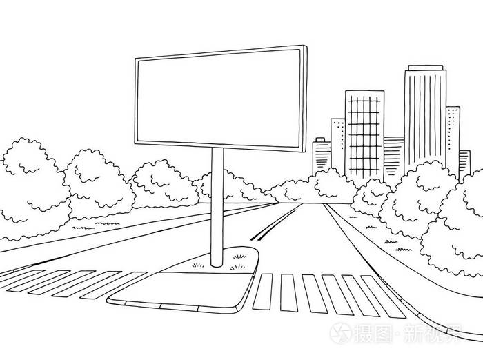 道路广告牌图形黑色白色城市景观素描插图矢量