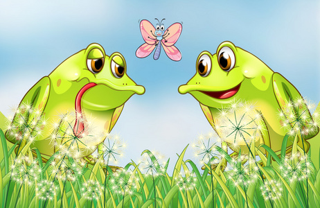 两只青蛙和一只蝴蝶在花园里
