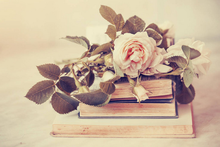 白色玫瑰与叶子上堆积的旧书