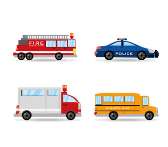 消防卡车, 警察, 救护车和巴士设置图标单位