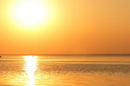 橙色的太阳越过海的地平线,美丽的日落,复制的空间,景观与大太阳,的地平线上水面,空白的设计师,橙色图案