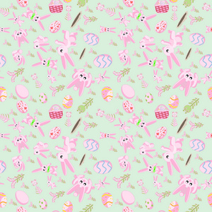 粉红色兔花图案及复活节彩蛋绿色背景