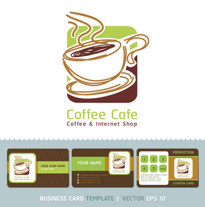 咖啡咖啡馆图标 logo 和名片。矢量插画