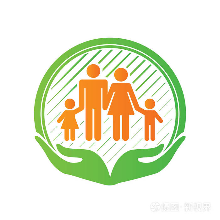 家庭护理中心 logo 设计, 手捧孩子和父母.矢量插图