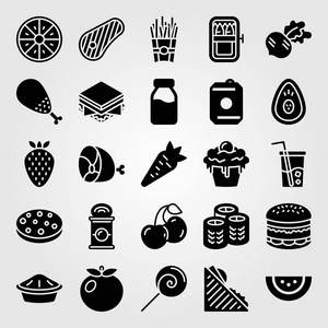 食物和饮料矢量图标集。蛋糕, 西红柿, 牛排和 sishi