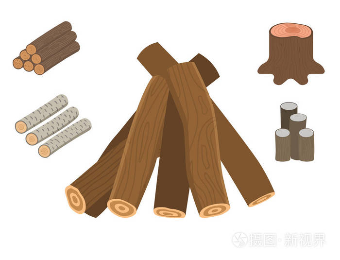 插画 建筑用木质木材矢量松木切割树桩木材树皮材料插图.eps