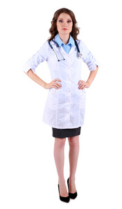 年轻漂亮的女医生用听诊器上白色隔离