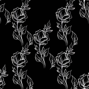 花边典雅复古花卉图案银色线条艺术黑色背景, 手绘矢量插图