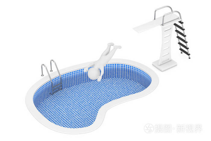 从跳板跳到游泳池的人.3d 渲染