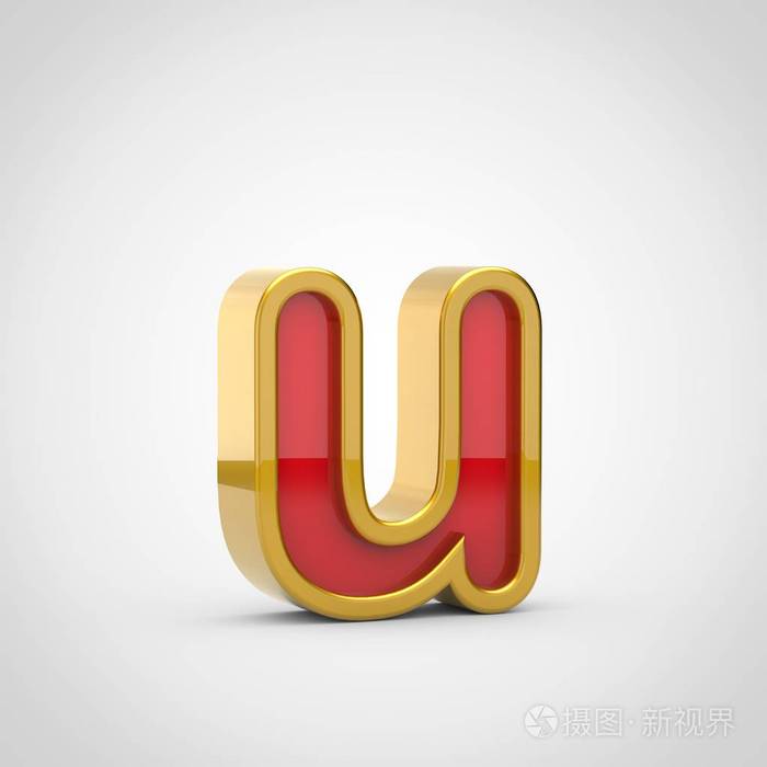 光泽字母u小写3d渲染红色字体金色轮廓被隔离在白色背景上