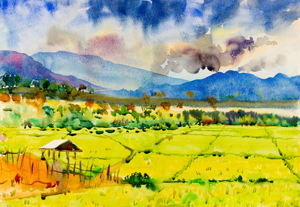 水彩山水原画在纸上五颜六色的平房和稻田在清晨, 与天空云观背景。泰国手绘美自然冬季
