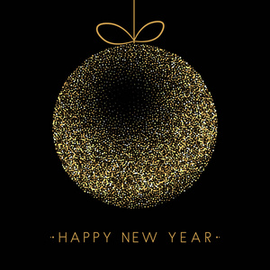 新年贺卡, 金色闪亮的圣诞球。向量