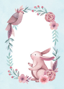 水彩插图的兔子, 鸟和花朵。完美的贺卡和请柬