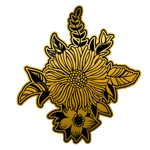 金色和黑色的花朵被隔离在白色背景上
