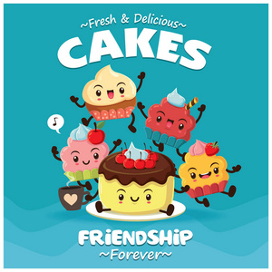 老式食品海报设计与矢量蛋糕, 蛋糕字符
