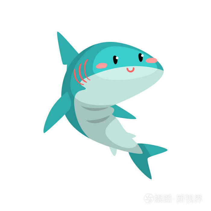 可爱滑稽的蓝色鲨鱼卡通人物矢量插图白色背景