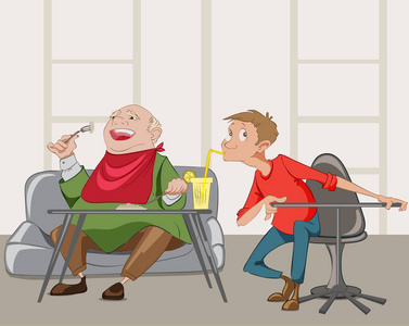 老男人在餐馆吃饭, 一个男孩偷他的饮料矢量滑稽概念卡通人物