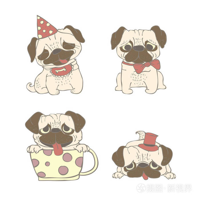 基于白色背景的可爱卡通哈巴狗小狗的矢量插画设计