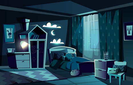 睡在床上的孩子在卧室动画片向量