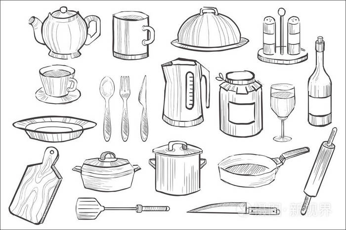 烹调设备成套, 厨房用具图标手绘矢量插图插画-正版el