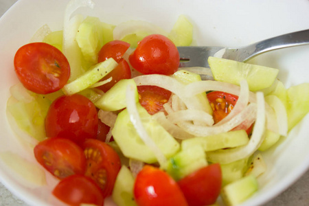 切碎的蔬菜西红柿黄瓜和洋葱在白色的平台上