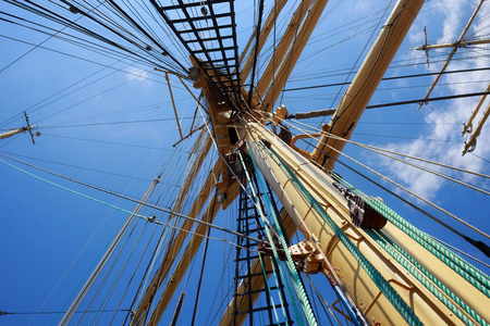 帆船的钢帆柱与蓝色天空的降下风帆在背景上