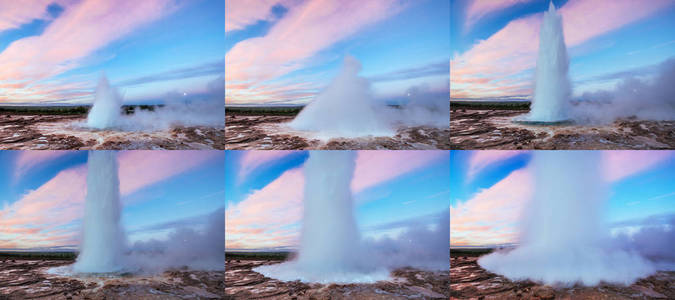 在冰岛, 拼贴画 Strokkur 间歇泉喷发。梦幻般的半透明颜色对。蓝天上美丽的粉红色云彩