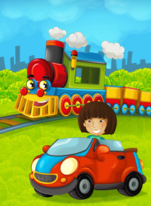 动画片滑稽看蒸汽火车通过城市和孩子驾驶在玩具车在它前面例证为孩子