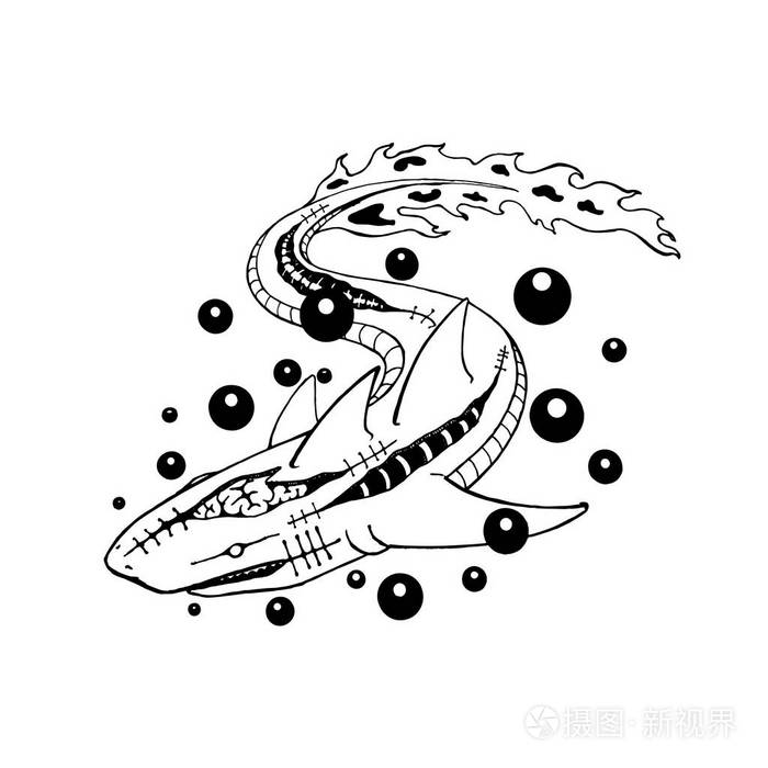 鲨鱼变异成僵尸.线条艺术画.矢量插图.纹身设计.可怕的动物突变