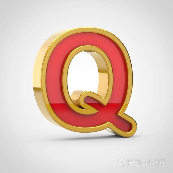 有光泽的字母 q 大写.3d 渲染红色字体, 金色轮廓被隔离在白色背景上