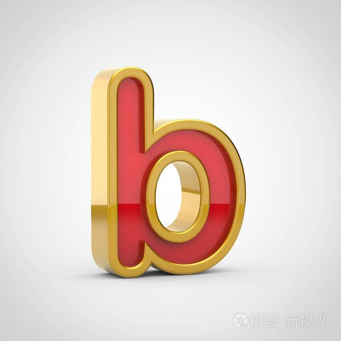 光泽字母 b 小写.3d 渲染红色字体, 金色轮廓被隔离在白色背景上