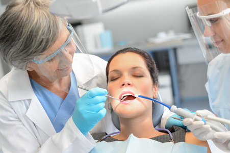 牙科检查女病人的牙医团队